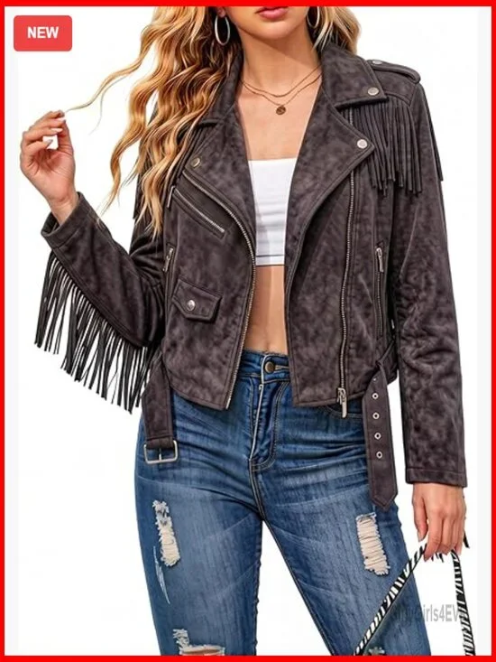 Faux Leather Moto Jacket with Tassel Trim and Adjustable Belt - Picture 1 of 7